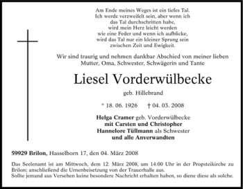 Traueranzeige von Liesel Vorderwülbecke von Tageszeitung