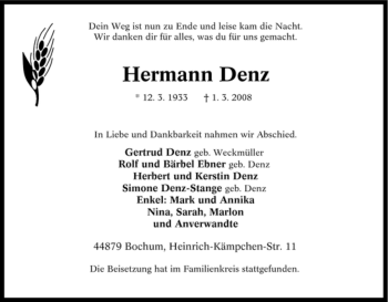 Traueranzeige von Hermann Denz von Tageszeitung