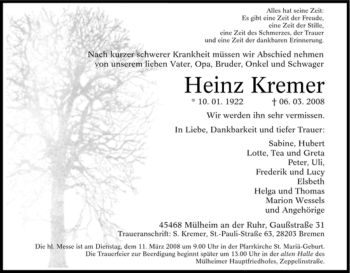 Traueranzeige von Heinz Kremer von Tageszeitung