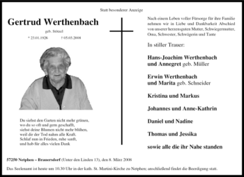 Traueranzeige von Gertrud Werthenbach von Tageszeitung
