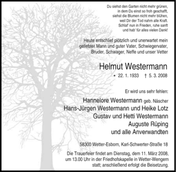 Traueranzeige von Helmut Westermann von Tageszeitung