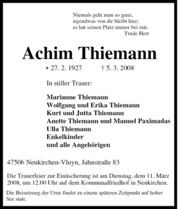 Traueranzeige von Achim Thiemann von Tageszeitung