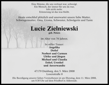 Traueranzeige von Lucie Zielniewski von Tageszeitung