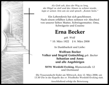 Traueranzeige von Erna Becker von Tageszeitung