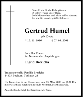Traueranzeige von Gertrud Humel von Tageszeitung