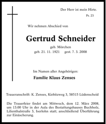 Traueranzeige von Gertrud Schneider von Tageszeitung