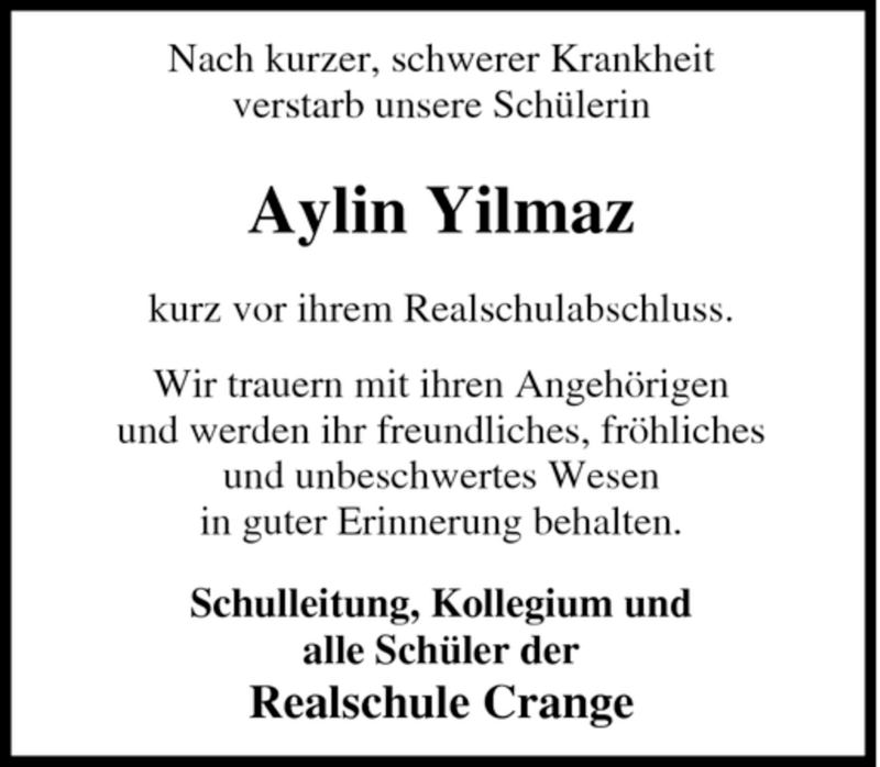  Traueranzeige für Aylin Yilmaz vom 08.03.2008 aus Tageszeitung