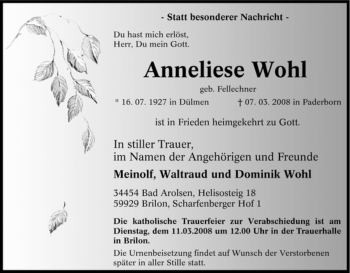 Traueranzeige von Anneliese Wohl von Tageszeitung