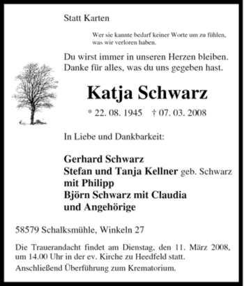 Traueranzeige von Katja Schwarz von Tageszeitung