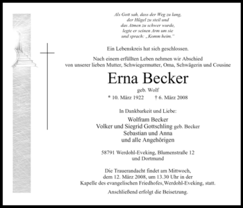 Traueranzeige von Erna Becker von Tageszeitung