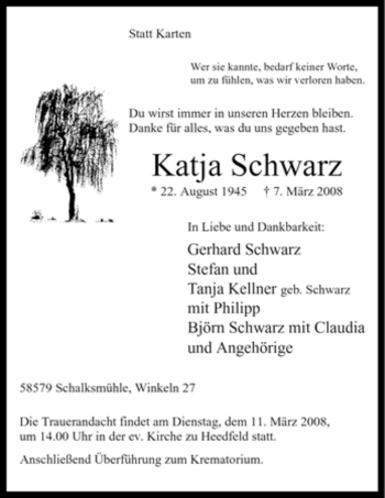 Traueranzeige von Katja Schwarz von Tageszeitung