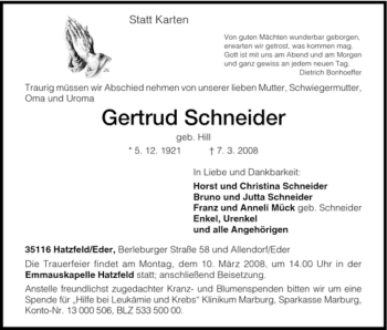 Traueranzeige von Gertrud Schneider von Tageszeitung