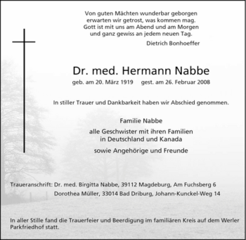Traueranzeige von Hermann Nabbe von Tageszeitung