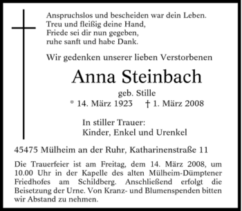 Traueranzeige von Anna Steinbach von Tageszeitung