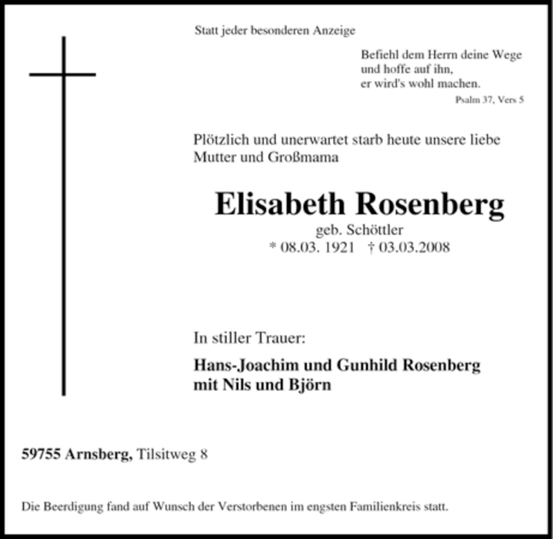 Traueranzeigen von Elisabeth Rosenberg | Trauer-in-NRW.de