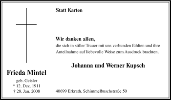 Traueranzeige von Frieda Mintel von Tageszeitung