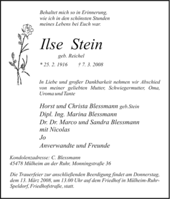Traueranzeige von Ilse Stein von Tageszeitung