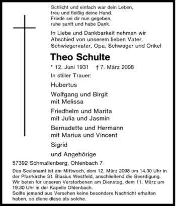 Traueranzeige von Theo Schulte von Tageszeitung