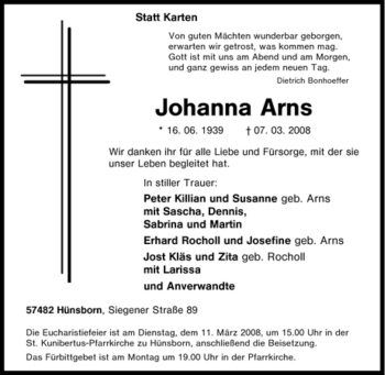 Traueranzeige von Johanna Arns von Tageszeitung