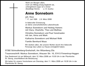 Traueranzeige von Anne Sonneborn von Tageszeitung