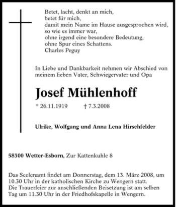 Traueranzeige von Josef Mühlenhoff von Tageszeitung