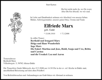 Traueranzeige von Elfriede Marx von Tageszeitung