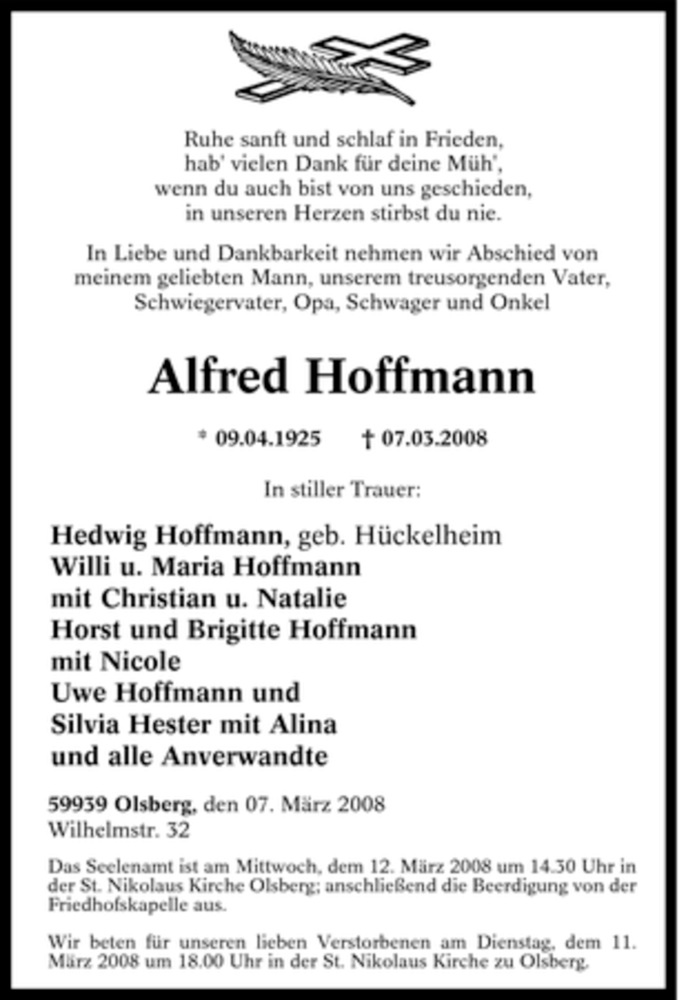  Traueranzeige für Alfred Hoffmann vom 10.03.2008 aus Tageszeitung