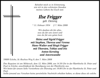 Traueranzeige von Ilse Frigger von Tageszeitung