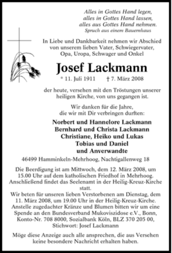 Traueranzeige von Josef Lackmann von Tageszeitung