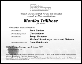 Traueranzeige von Monika Trillhose von Tageszeitung