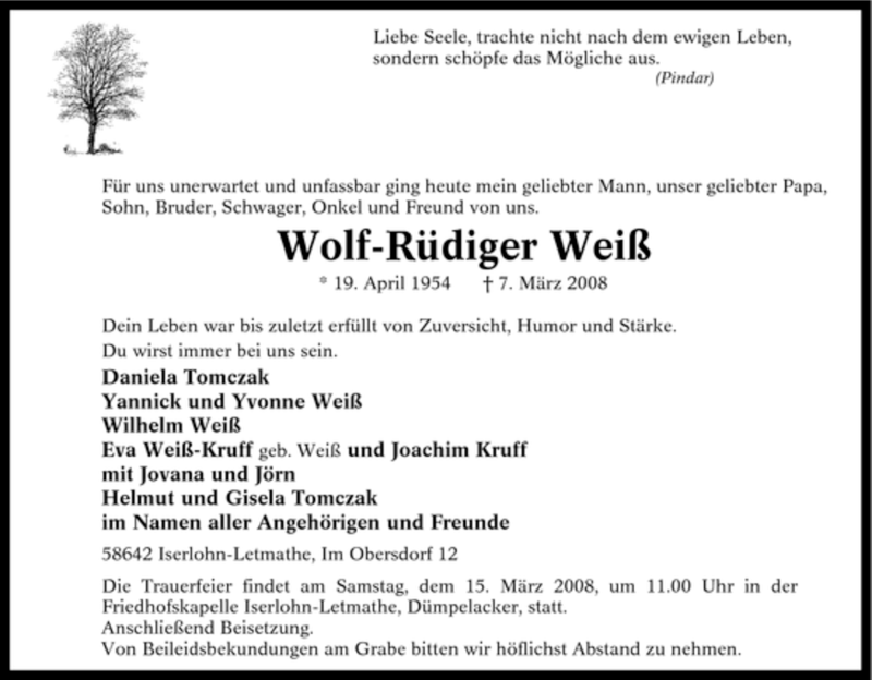  Traueranzeige für Wolf-Rüdiger Weiß vom 10.03.2008 aus Tageszeitung