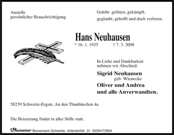 Traueranzeige von Hans Neuhausen von Tageszeitung