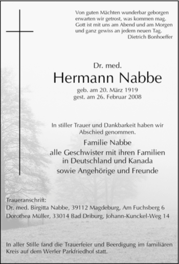 Traueranzeige von Hermann Nabbe von Tageszeitung