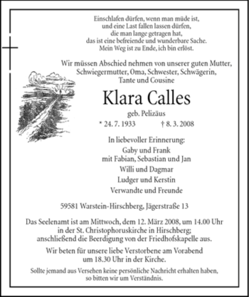 Traueranzeige von Klara Calles von Tageszeitung