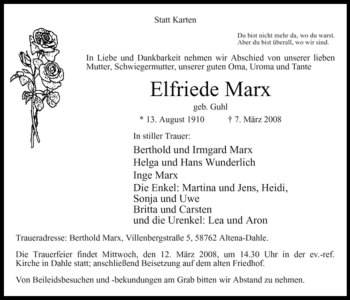 Traueranzeige von Elfriede Marx von Tageszeitung