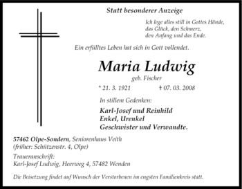 Traueranzeige von Maria Ludwig von Tageszeitung