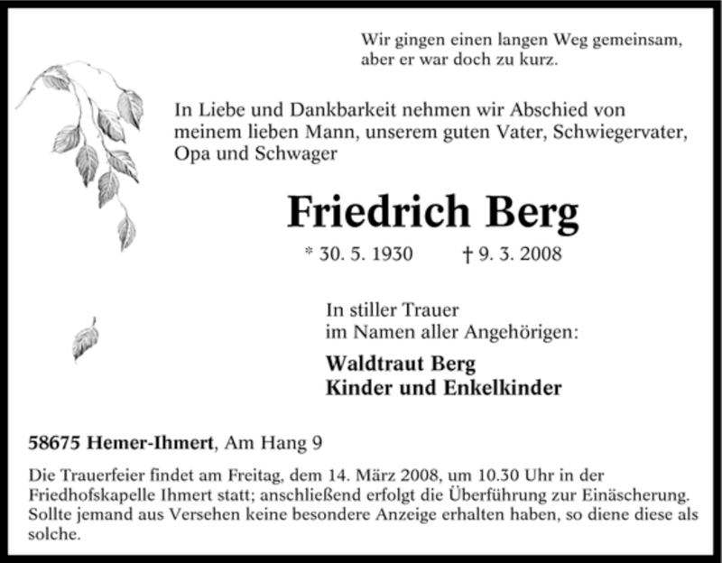  Traueranzeige für Friedrich Berg vom 11.03.2008 aus Tageszeitung