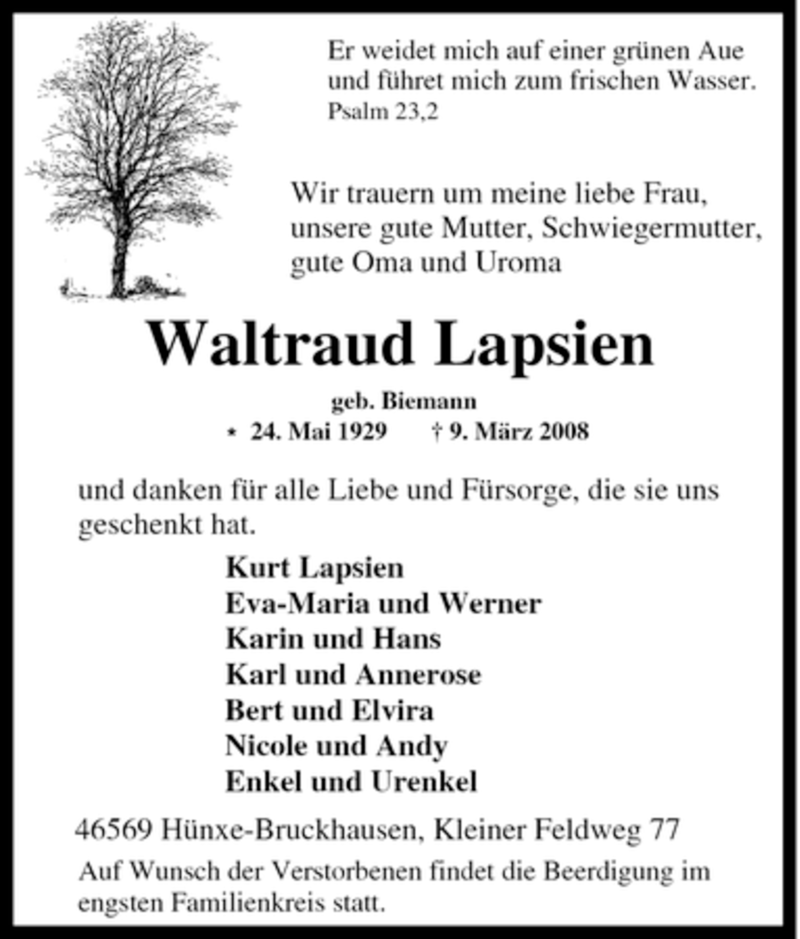  Traueranzeige für Waltraud Lapsien vom 11.03.2008 aus Tageszeitung
