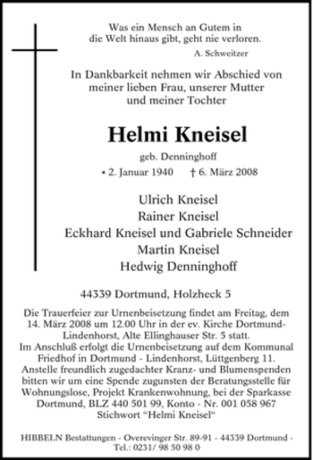 Traueranzeige von Helmi Kneisel von Tageszeitung