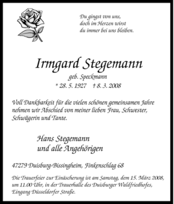 Traueranzeige von Irmgard Stegemann von Tageszeitung