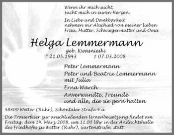 Traueranzeige von Helga Lemmermann von Tageszeitung