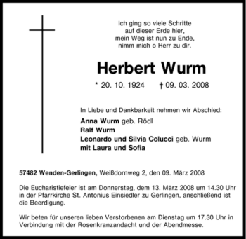 Traueranzeige von Herbert Wurm von Tageszeitung