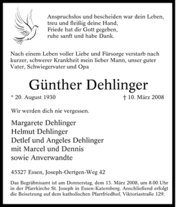 Traueranzeige von Günther Dehlinger von Tageszeitung
