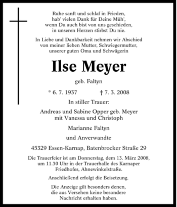 Traueranzeige von Ilse Meyer von Tageszeitung