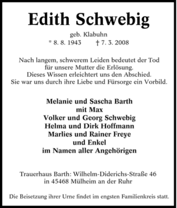 Traueranzeige von Edith Schwebig von Tageszeitung