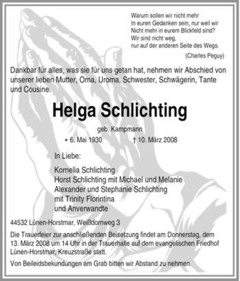 Traueranzeige von Helga Schlichting von Tageszeitung