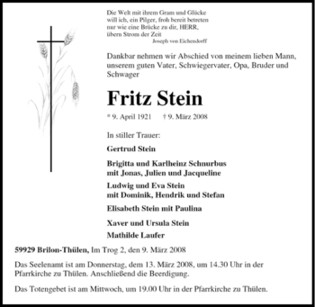 Traueranzeige von Fritz Stein von Tageszeitung