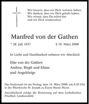 Traueranzeige von Manfred von der Gathen von Tageszeitung
