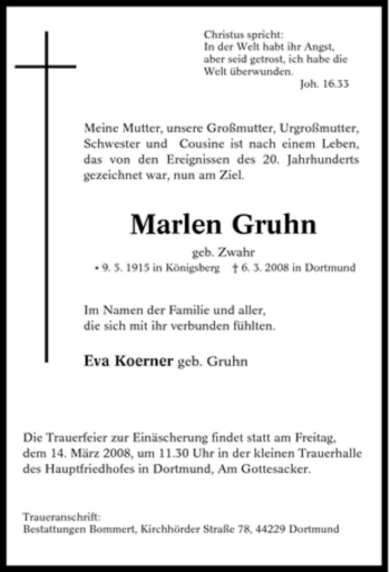 Traueranzeige von Marlen Gruhn von Tageszeitung