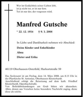 Traueranzeige von Manfred Gutsche von Tageszeitung